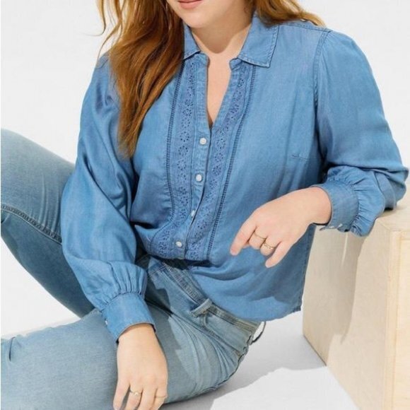 🆕 NWT Women’s torrid 2 Tencel Blue Chambray Button Up Shirt 18 20 2X 2XL XXL - Picture 1 of 12